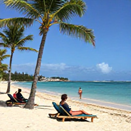 Caribbean Holidays, Cheap July Holidays, Travellers relaxing on a beautiful Caribbean beach in July, with clear water, palm trees, sun loungers and a gentle breeze