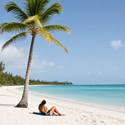 Caribbean Holidays, Cheap July Holidays, White sandy beach on Tortola in July with palm trees, calm turquoise sea and a couple relaxing near the shoreline