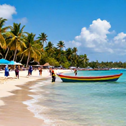 Caribbean Holidays, Cheap July Jamaica, Montego Bay waterfront with palm-lined beach, colourful boats and visitors exploring Jamaica in July