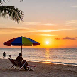 Caribbean Holidays, Cheap July Jamaica, Negril beach at sunset with colourful umbrellas, calm sea and visitors enjoying an affordable Jamaican holiday