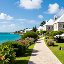 Caribbean Holidays, Cheap June Bermuda, A scenic Bermuda coastal path beside turquoise sea, lush greenery and historic stone buildings in warm summer light