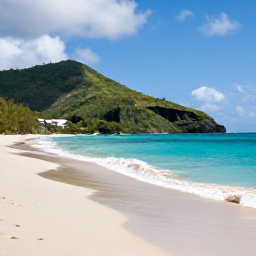 Caribbean Holidays, Cheap June Holidays, A bright coastal scene in Saint Vincent and the Grenadines, showing a quiet sandy beach, turquoise sea and green volcanic hills under soft June sunshine