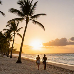 Caribbean Holidays, Cheap June Holidays, A couple walking along a palm-fringed Dominican Republic beach at sunset, with warm light over the sea and an uncrowded shoreline