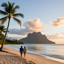 Caribbean Holidays, Cheap June Holidays, A couple walking along a peaceful sandy beach on Nevis at sunset, with palm trees, calm sea and Mount Nevis in the background