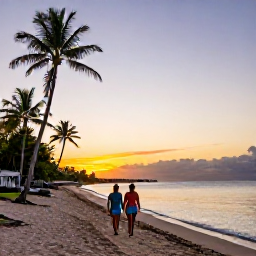 Caribbean Holidays, Cheap June Holidays, A couple walking along a quiet Caribbean beach at sunset, with palm trees, calm water and colourful evening light