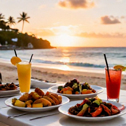 Caribbean Holidays, Cheap June Holidays, A friendly Caribbean beach restaurant serving fresh seafood and colourful drinks at sunset on Saint Martin