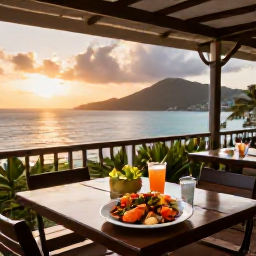 Caribbean Holidays, Cheap June Holidays, A friendly Caribbean restaurant terrace in Saint Vincent and the Grenadines, with fresh seafood, tropical drinks and views towards the sea at sunset