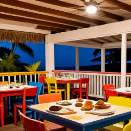 Caribbean Holidays, Cheap June Holidays, A friendly open-air Caribbean restaurant in Basseterre serving local food, with colourful tables and a relaxed evening atmosphere