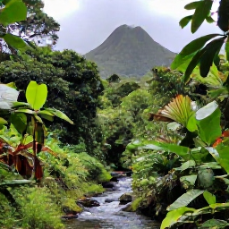 Caribbean Holidays, Cheap June Holidays, A guided rainforest walk on Saint Vincent, with lush tropical plants, a flowing stream and the slopes of a volcanic mountain in the background