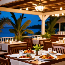 Caribbean Holidays, Cheap June Holidays, A relaxed Grenadian restaurant terrace serving fresh Caribbean food, with tropical plants and evening light