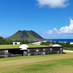Caribbean Holidays, Cheap June Holidays, A scenic view of Brimstone Hill Fortress on Saint Kitts, with green volcanic hills, blue sky and the Caribbean Sea beyond