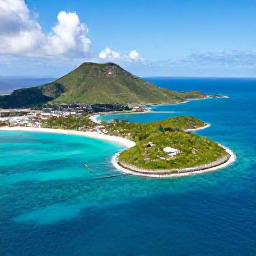 Caribbean Holidays, Cheap June Holidays, A sunny aerial view of Saint Martin and Sint Maarten, showing turquoise sea, sandy beaches and the island's green hills