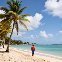 Caribbean Holidays, Cheap June Holidays, A traveller walking along Grand Anse Beach in Grenada with palm trees, clear sea and light tropical clouds