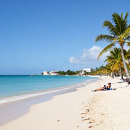 Caribbean Holidays, Cheap June Holidays, A wide sandy beach on Saint Martin with calm turquoise water, palm trees and a couple relaxing in the June sunshine