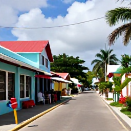 Caribbean Holidays, Cheap June Holidays, Colourful Caribbean town street in June, with pastel buildings, local shops, tropical plants and people enjoying a relaxed afternoon