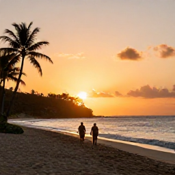 Caribbean Holidays, Cheap June Holidays, Couple walking along a quiet Antigua beach at sunset, warm golden light, calm sea and palm silhouettes