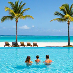 Caribbean Holidays, Cheap June Holidays, Family relaxing beside a Caribbean resort pool overlooking a sandy beach, with sun loungers, palm trees and bright blue sea