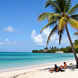 Caribbean Holidays, Cheap June Holidays, Golden Martinique beach with calm turquoise water, shady palm trees and a couple relaxing near the shoreline