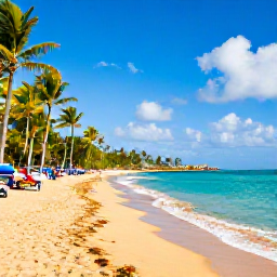 Caribbean Holidays, Cheap June Holidays, Golden sandy beach in Puerto Rico with clear Caribbean water, palm trees and visitors relaxing in June sunshine