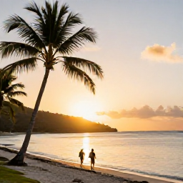 Caribbean Holidays, Cheap June Holidays, Golden sunset over a calm Caribbean bay in Tortola, British Virgin Islands, palm trees and a couple walking along the beach