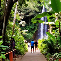 Caribbean Holidays, Cheap June Holidays, Green rainforest trail in Trinidad with tropical plants, a small waterfall and travellers exploring in warm June weather