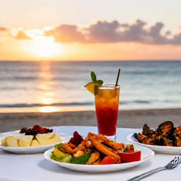 Caribbean Holidays, Cheap June Holidays, Outdoor table with fresh Caribbean seafood and a colourful drink overlooking the sea at sunset