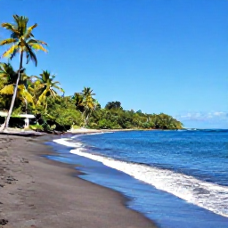 Caribbean Holidays, Cheap June Holidays, Quiet black sand beach on Dominica with clear Caribbean water and palm trees