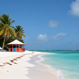 Caribbean Holidays, Cheap June Holidays, Quiet Caribbean beach in June with turquoise water, soft white sand, palm trees and a small colourful beach bar