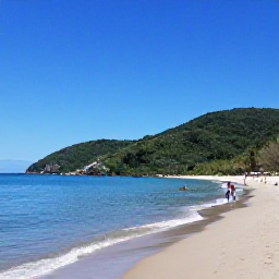 Caribbean Holidays, Cheap June Holidays, Quiet Tobago beach in June with calm blue water, soft sand, green hills and a few visitors enjoying the shore