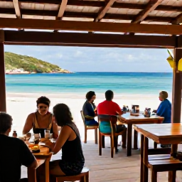 Caribbean Holidays, Cheap June Holidays, Relaxed Caribbean beach bar on a sandy bay in the British Virgin Islands, local food, wooden tables and guests enjoying the afternoon