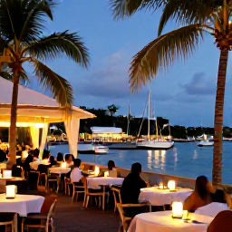 Caribbean Holidays, Cheap June Holidays, Relaxed Caribbean evening at a waterfront restaurant in Charlotte Amalie, St Thomas, with warm lights, palm trees and boats in the harbour