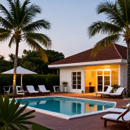 Caribbean Holidays, Cheap June Holidays, Relaxed Caribbean hotel terrace in Trinidad and Tobago with a small pool, palm trees and warm evening light