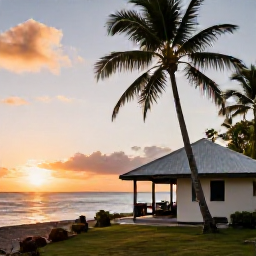 Caribbean Holidays, Cheap June Holidays, Relaxed Caribbean sunset over Dominica coastline with small hotel and palm trees