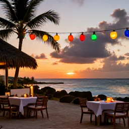 Caribbean Holidays, Cheap June Holidays, Relaxed Puerto Rico evening with outdoor dining, colourful lanterns and a sunset sky over the Caribbean