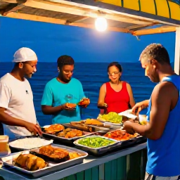 Caribbean Holidays, Cheap June Holidays, Saint Lucian street food stall serving grilled fish and local dishes, colourful evening atmosphere