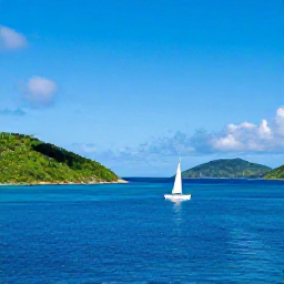 Caribbean Holidays, Cheap June Holidays, Small sailing boat passing between green Caribbean islands near Virgin Gorda, bright blue water and clear skies