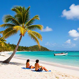 Caribbean Holidays, Cheap June Holidays, Travellers relaxing on a peaceful beach in Saint Vincent and the Grenadines, with palm trees, clear water and a small boat offshore