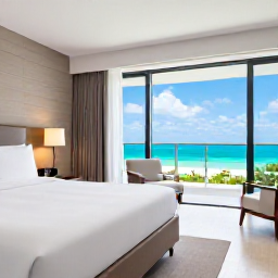 Caribbean Holidays, Cheap Luxury Holidays, A modern Caribbean hotel room with a large bed, balcony overlooking the sea and simple elegant furnishings