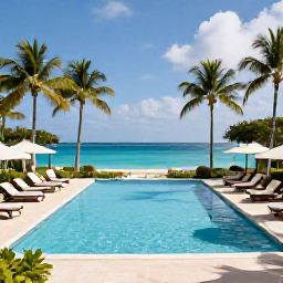 Caribbean Holidays, Cheap Luxury Holidays, A stylish Caribbean resort with a bright swimming pool, palm trees and comfortable sun loungers beside turquoise water