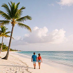 Caribbean Holidays, Cheap Luxury Holidays, Couple walking along a quiet white Caribbean beach with palm trees, warm sunlight and calm turquoise sea