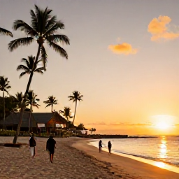 Caribbean Holidays, Cheap Luxury Holidays, Travellers enjoying a quiet Caribbean beach at sunset, with a comfortable resort visible among palm trees