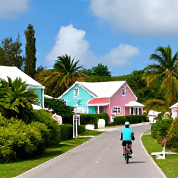 Caribbean Holidays, Cheap March Bermuda, Traveller cycling along a quiet coastal road in Bermuda past pastel cottages and lush greenery