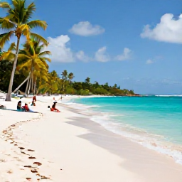 Caribbean Holidays, Cheap March Holidays, A bright Caribbean beach in Antigua with calm turquoise water, white sand, palm trees and a few relaxed holidaymakers in March sunshine