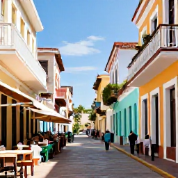 Caribbean Holidays, Cheap March Holidays, A colourful Dominican Republic street in Santo Domingo with colonial buildings, local caf&eacute;s and visitors exploring in warm March sunshine