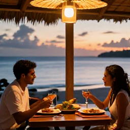 Caribbean Holidays, Cheap March Holidays, A couple enjoying a sunset meal at a casual seaside restaurant in Antigua, with local food, warm lights and the Caribbean Sea behind them