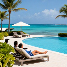 Caribbean Holidays, Cheap March Holidays, A couple relaxing beside a Caribbean swimming pool overlooking the sea, with sun loungers and tropical plants