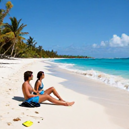Caribbean Holidays, Cheap March Holidays, A couple relaxing on the white sands of Grace Bay with snorkelling equipment, gentle waves and tropical island scenery in the Turks and Caicos
