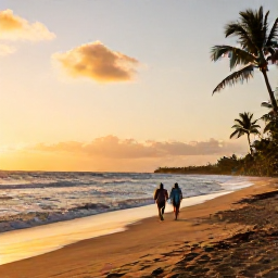Caribbean Holidays, Cheap March Holidays, A couple walking along a quiet Caribbean beach at sunset, with gentle waves, palm trees and warm golden light