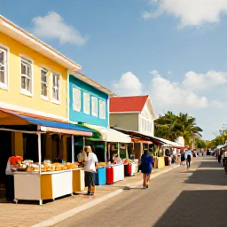 Caribbean Holidays, Cheap March Holidays, A friendly Caribbean market street with colourful buildings, local food stalls and visitors exploring in warm March sunshine