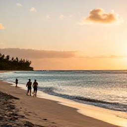 Caribbean Holidays, Cheap March Holidays, A peaceful Antiguan beach at sunset with golden light, calm turquoise sea, soft sand and a couple walking along the shoreline